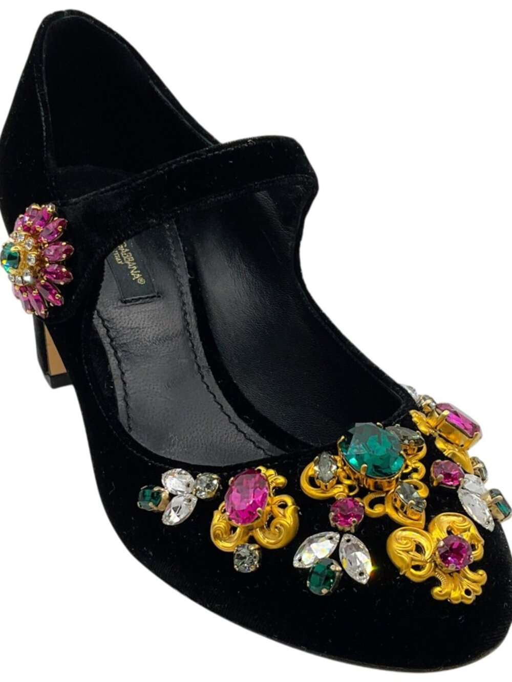 Dolce & Gabbana Black Velvet Mary Jane Pumps With Multi Crystal Embellishments